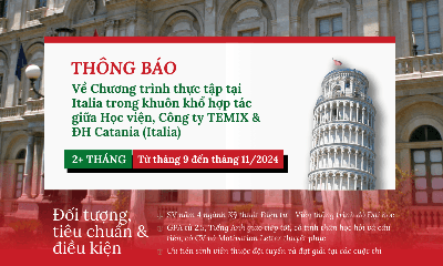 Thông báo chương trình thực tập taiị Italia trong khuôn khổ hợp tác giữa Học viện Công nghệ Bưu chính Viễn thông,Công ty VÀ Đại học CATANIA (ITALIA)