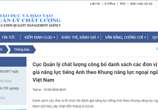 Cục Quản lý chất lượng công bố danh sách các đơn vị tổ chức thi đánh giá năng lực tiếng Anh theo Khung năng lực ngoại ngữ 6 bậc dùng cho Việt Nam