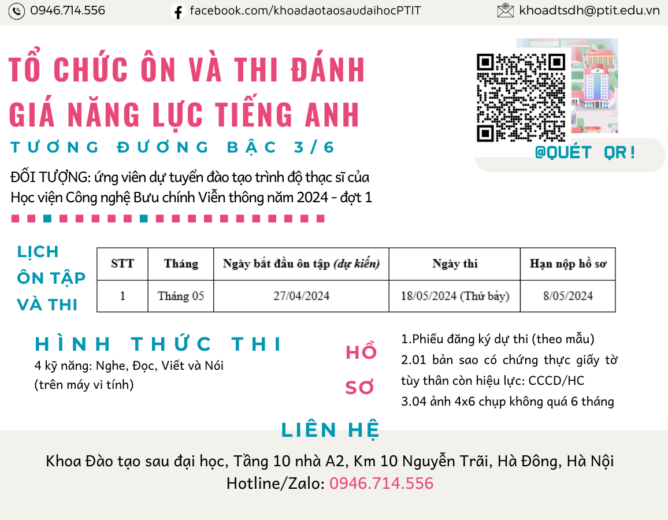 [THÔNG BÁO] V/v tổ chức lớp học ôn và thi đánh giá năng lực tiếng Anh cho thí sinh đăng ký xét tuyển đầu vào trình độ thạc sĩ đợt 1 năm 2024  tại Học viện Công nghệ Bưu chính Viễn thông