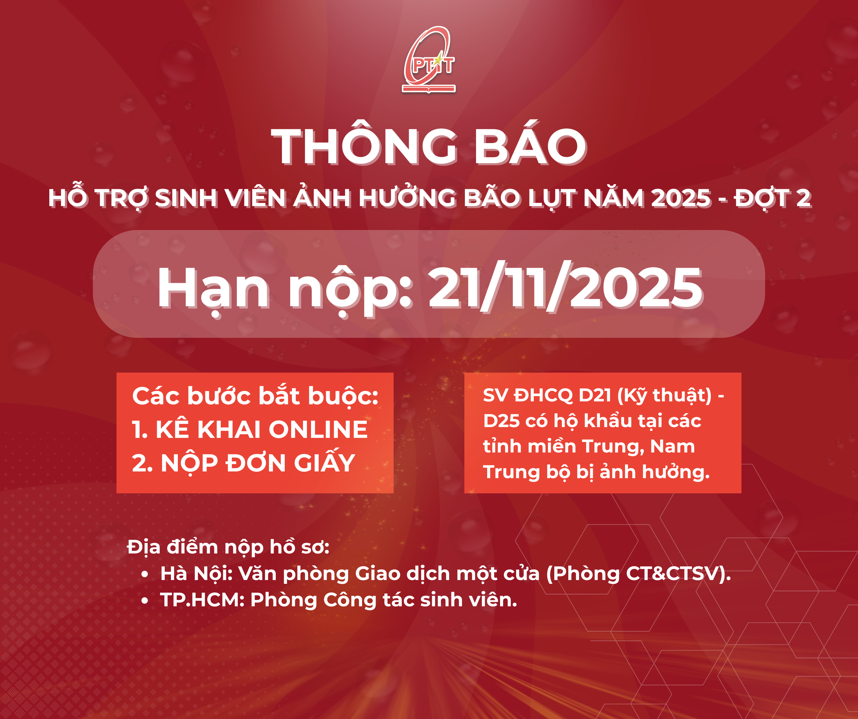 Thông báo về việc Hỗ trợ sinh viên chịu ảnh hưởng của bão, lũ lụt (đợt 2)