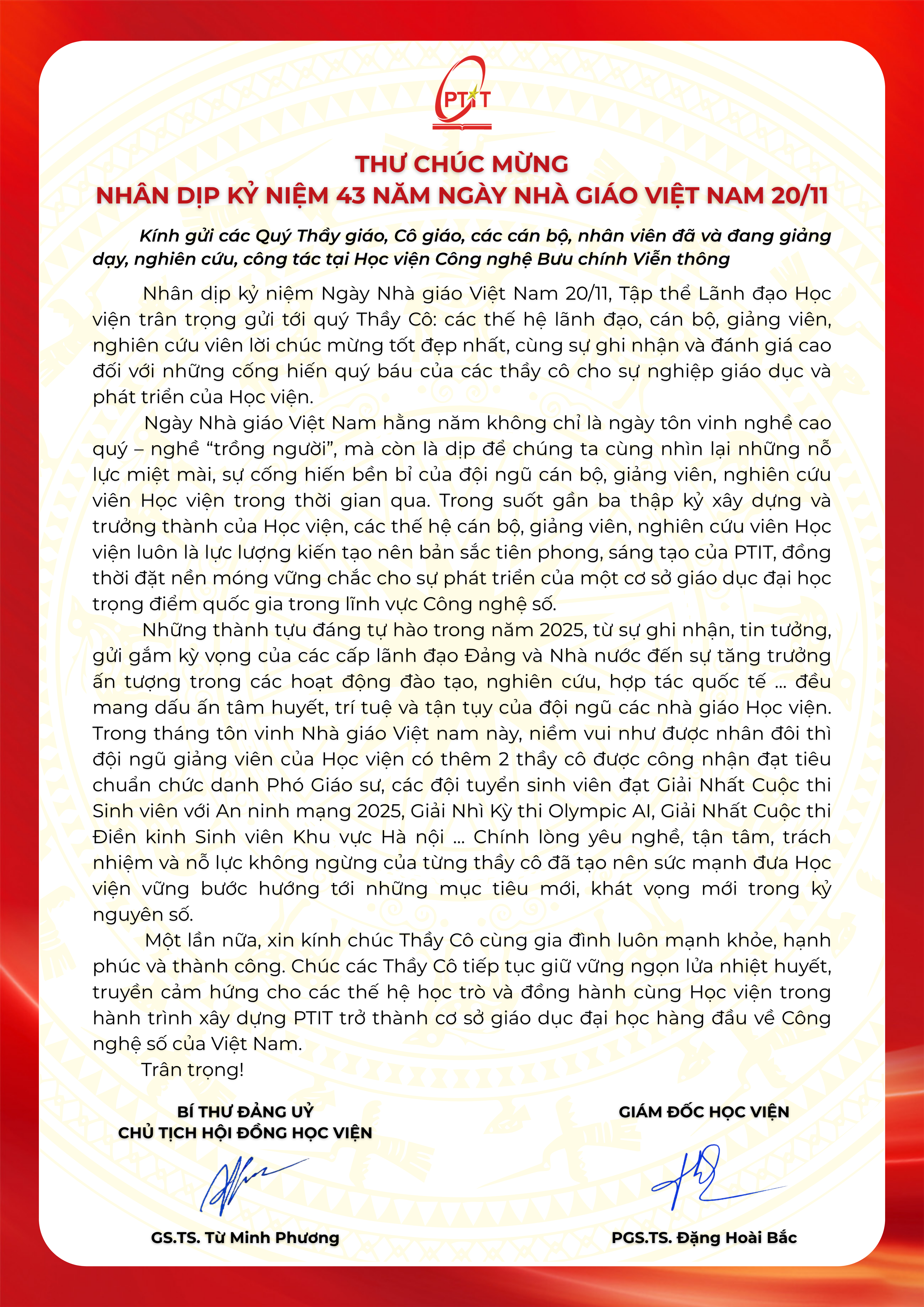 Thư chúc mừng của tập thể Lãnh đạo Học viện nhân dịp kỷ niệm 43 năm Ngày Nhà giáo Việt Nam (20/11/1982-20/11/2025)
