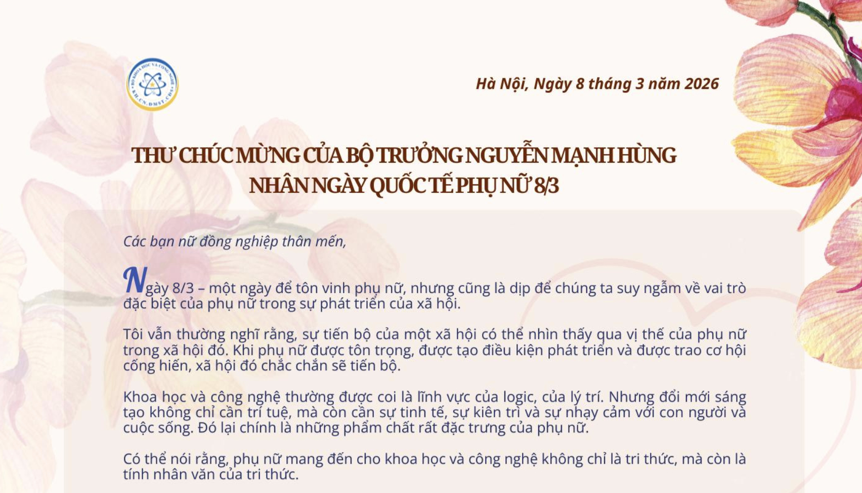 Thư chúc mừng của Bộ trưởng Nguyễn Mạnh Hùng nhân Ngày Quốc tế Phụ nữ 8/3