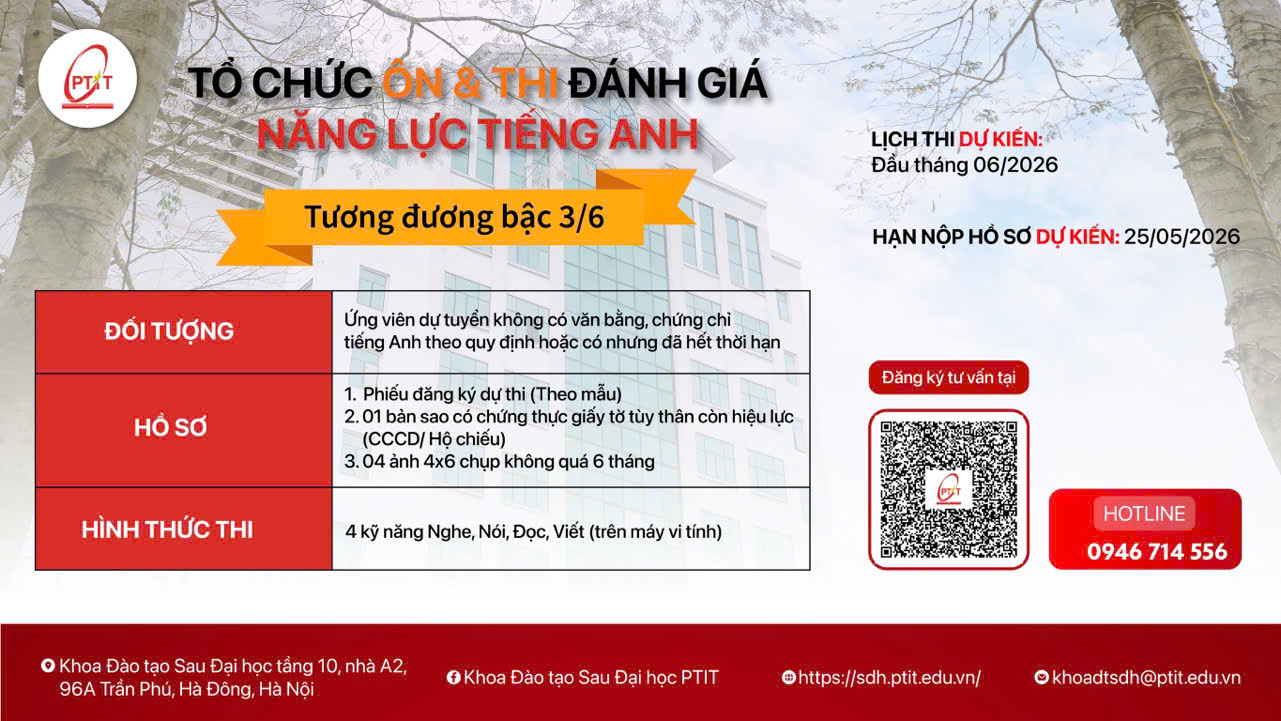 THÔNG BÁO VỀ VIỆC TỔ CHỨC LỚP HỌC ÔN VÀ THI ĐÁNH GIÁ NĂNG LỰC TIẾNG ANH CHO THÍ SINH ĐĂNG KÍ XÉT TUYỂN ĐẦU VÀO TRÌNH ĐỘ THẠC SĨ ĐỢT 1 NĂM 2026 TẠI HỌC VIỆN CÔNG NGHỆ BƯU CHÍNH VIỄN THÔNG PTIT