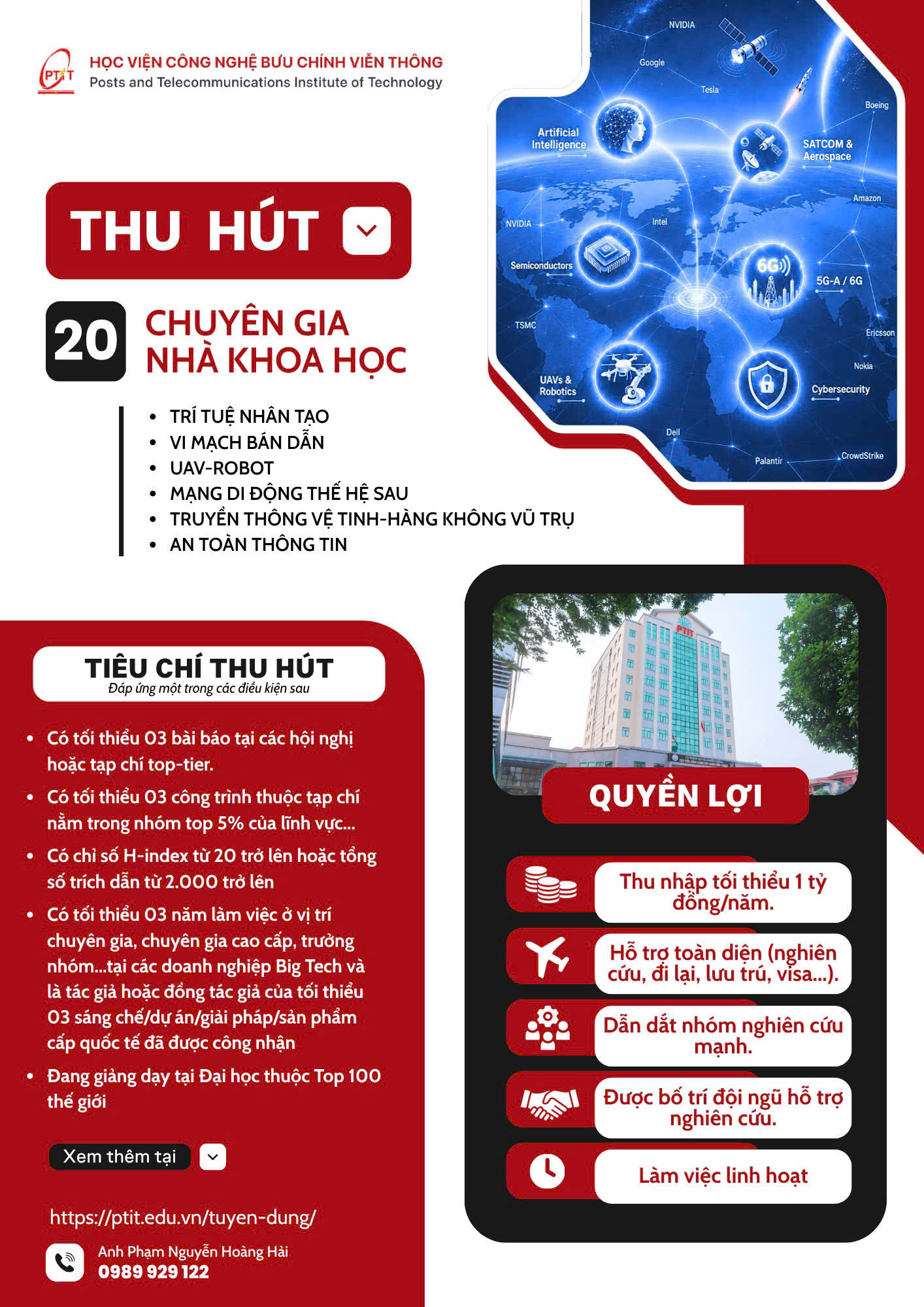 Học viện Công nghệ Bưu chính Viễn thông thu hút 20 chuyên gia, nhà khoa học hàng đầu trong các lĩnh vực công nghệ mũi nhọn