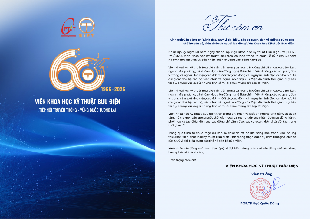 Thư Cảm ơn nhân Lễ Kỷ niệm 60 năm ngày thành lập RIPT và đón nhận Huân chương Lao động Hạng Ba