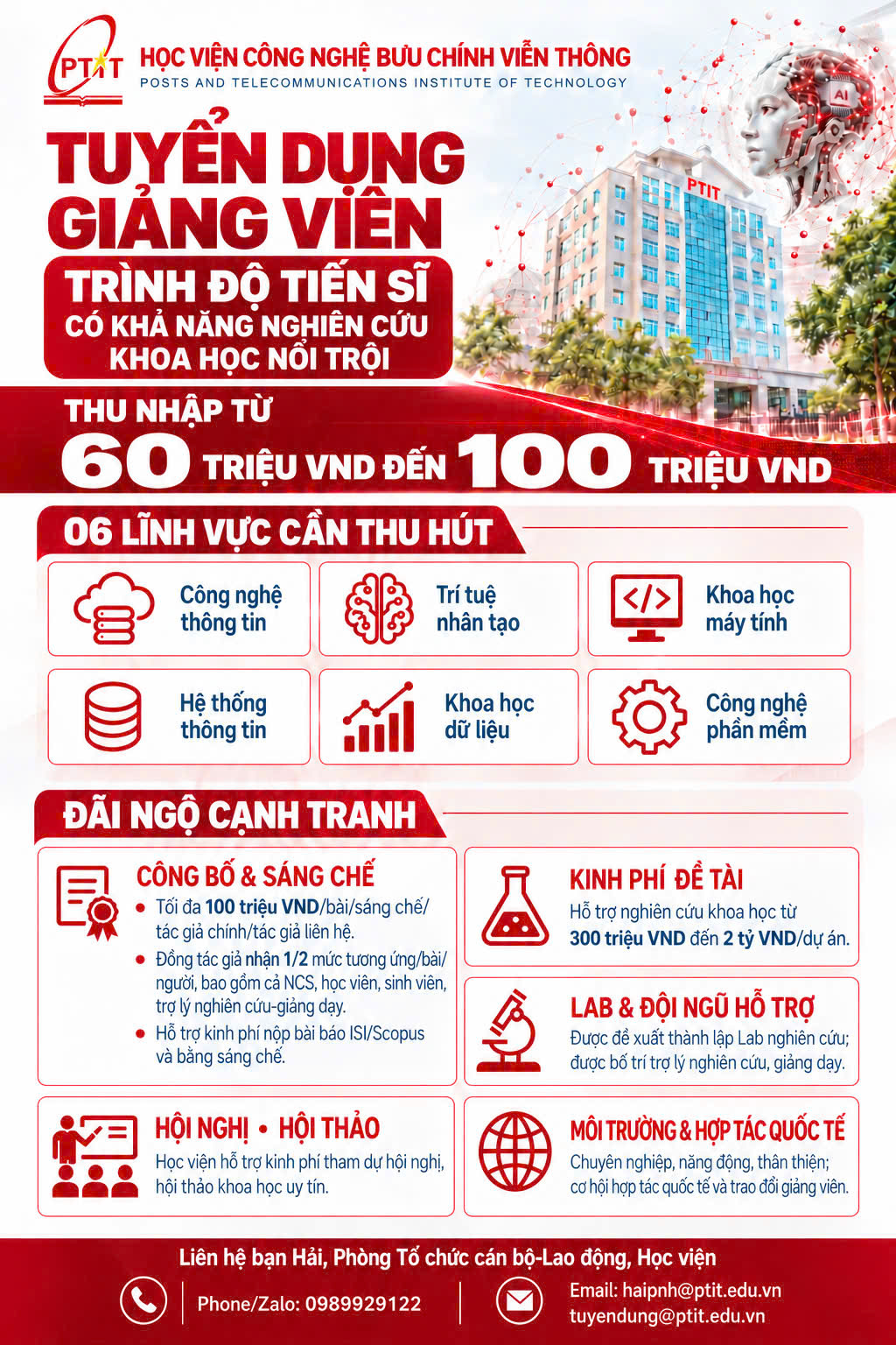 Học viện Công nghệ Bưu chính Viễn thông tuyển dụng: giảng viên trình độ tiến sĩ có khả năng nghiên cứu khoa học nổi trội